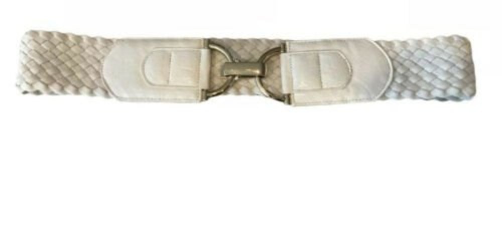 Womens Wide Stretch Belt White Leather Elastic Size Small S Gold Toned Clasp